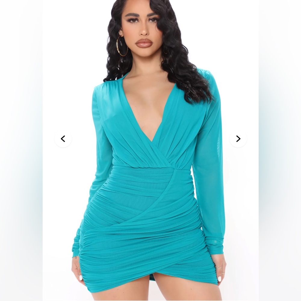 Make You Look Mesh Mini
 Teal Long Sleeve Dress